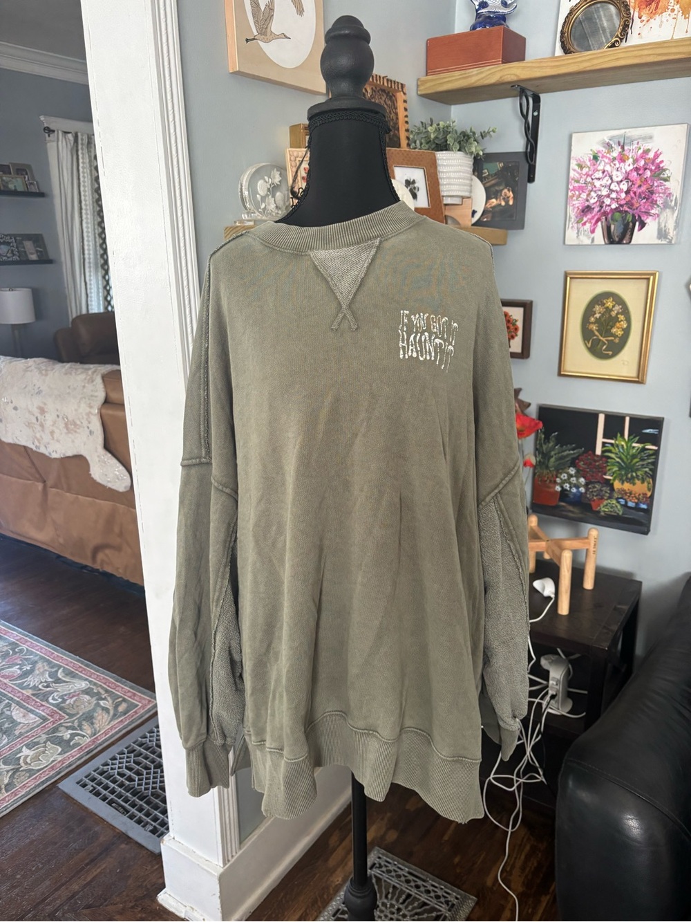 Aerie Halloween big chill crew sweatshirt oversized "If you got it haunt it" L - Picture 3 of 8